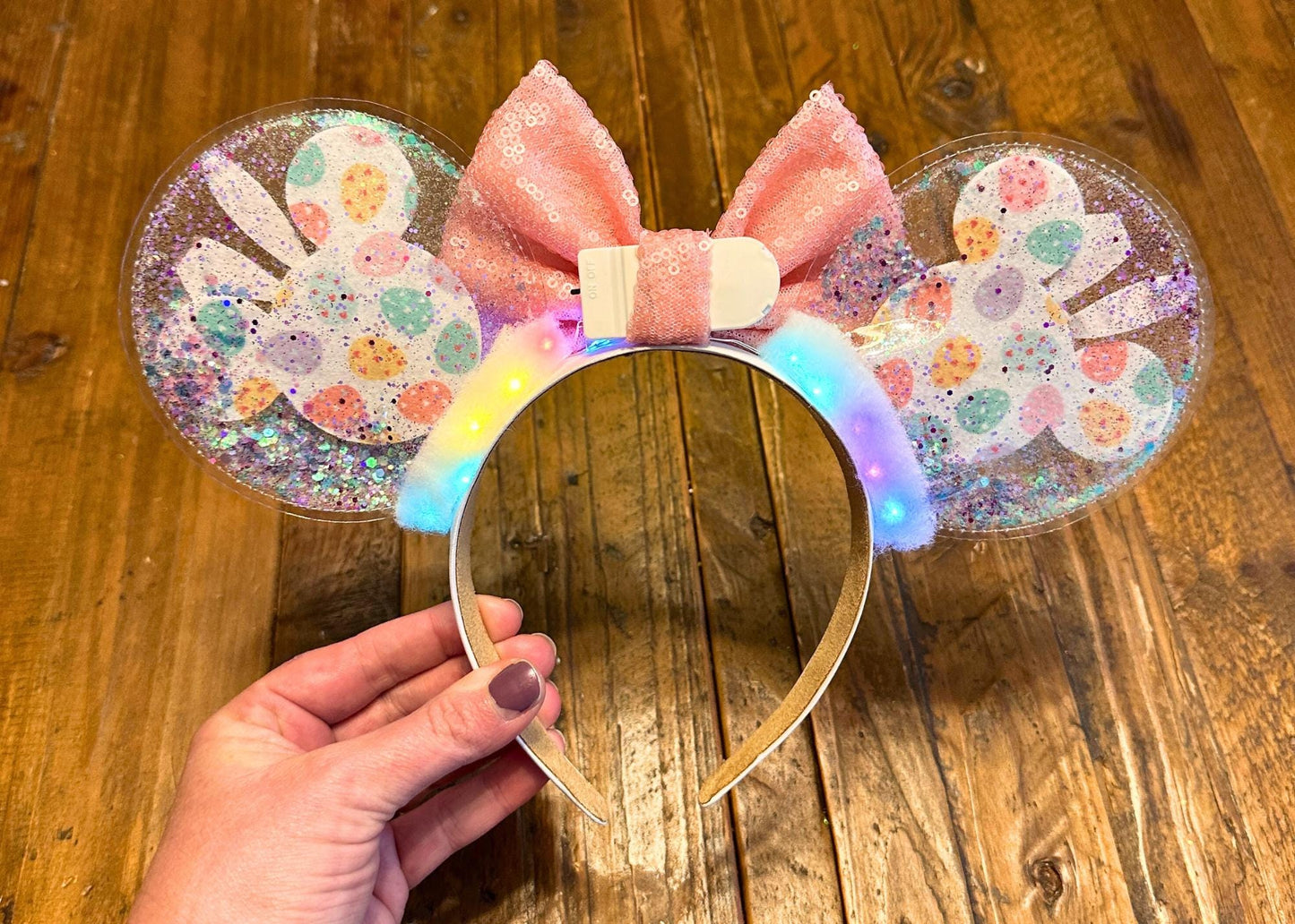 Mickey Head Bunny Ears Easter Disney Headband, Spring Pastel Minnie Ears, Sequin Bow, Glitter Bubble Disneyland Ear, DisneyWorld Accessories