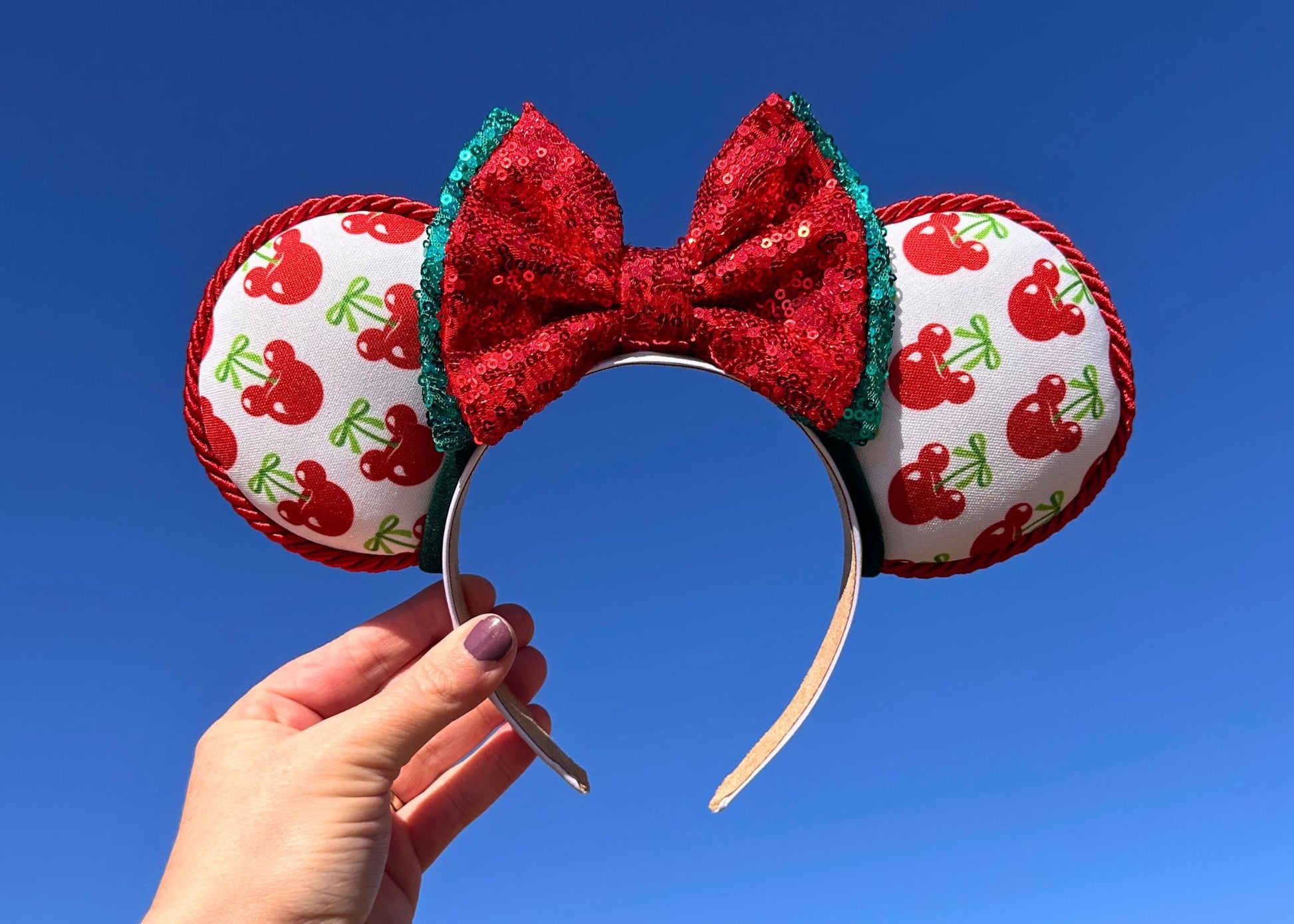 Spring Cherry Disney Mickey Ears, Coquette Bows Minnie Ears, Sequin Bow, Red Mouse Ears Headband, Disneyland Girlie, Summer Preppy Ears