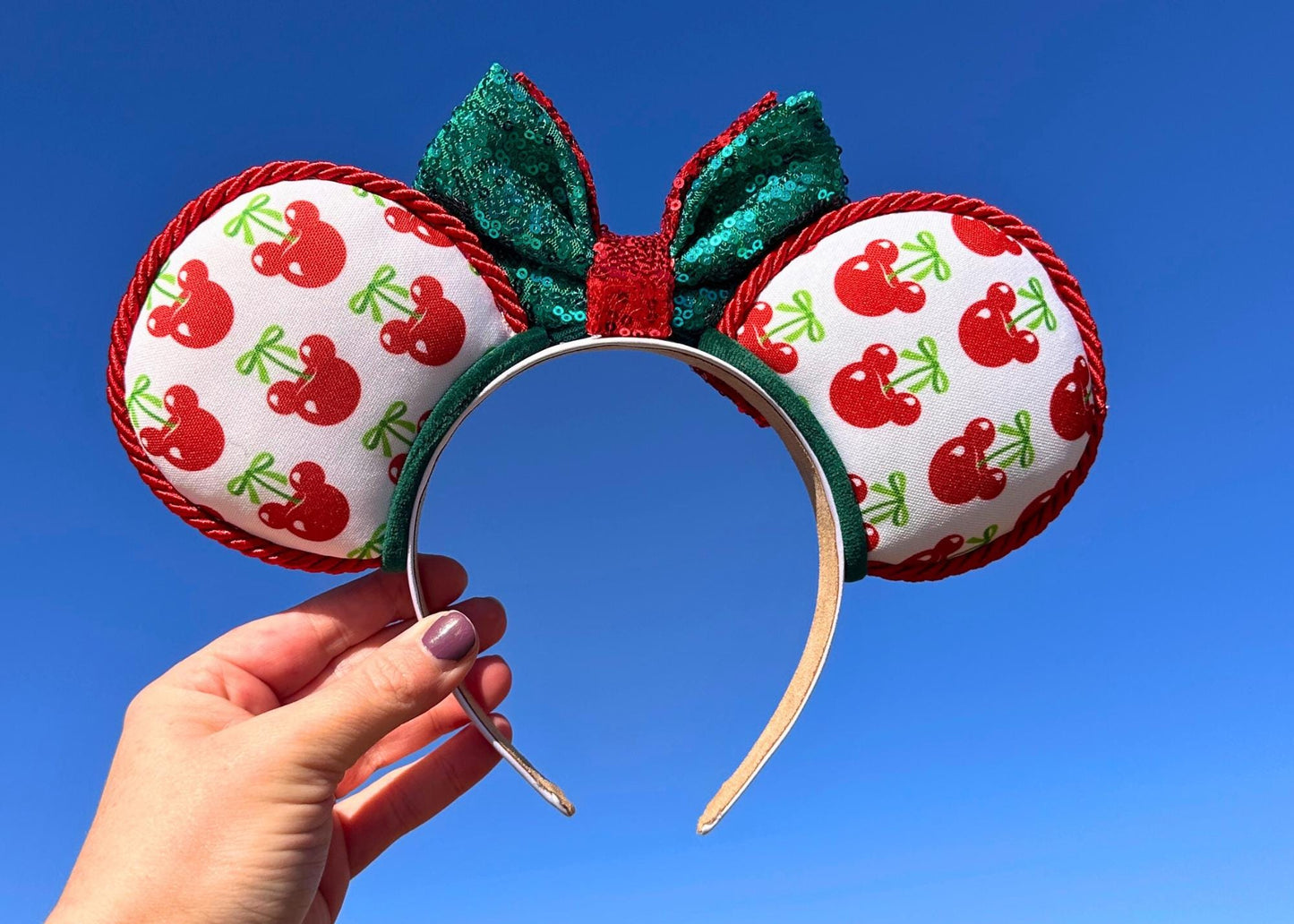 Spring Cherry Disney Mickey Ears, Coquette Bows Minnie Ears, Sequin Bow, Red Mouse Ears Headband, Disneyland Girlie, Summer Preppy Ears