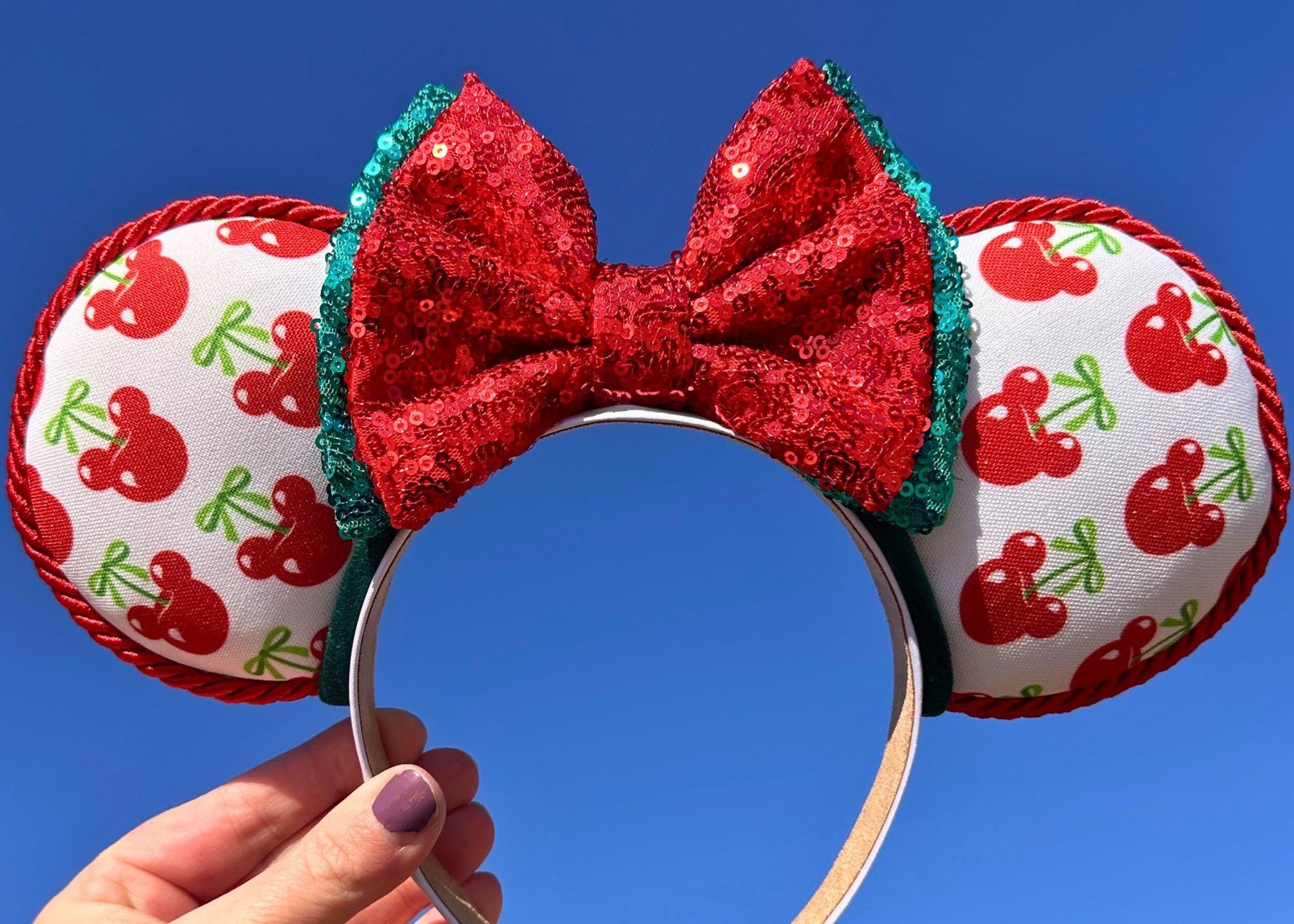 Spring Cherry Disney Mickey Ears, Coquette Bows Minnie Ears, Sequin Bow, Red Mouse Ears Headband, Disneyland Girlie, Summer Preppy Ears