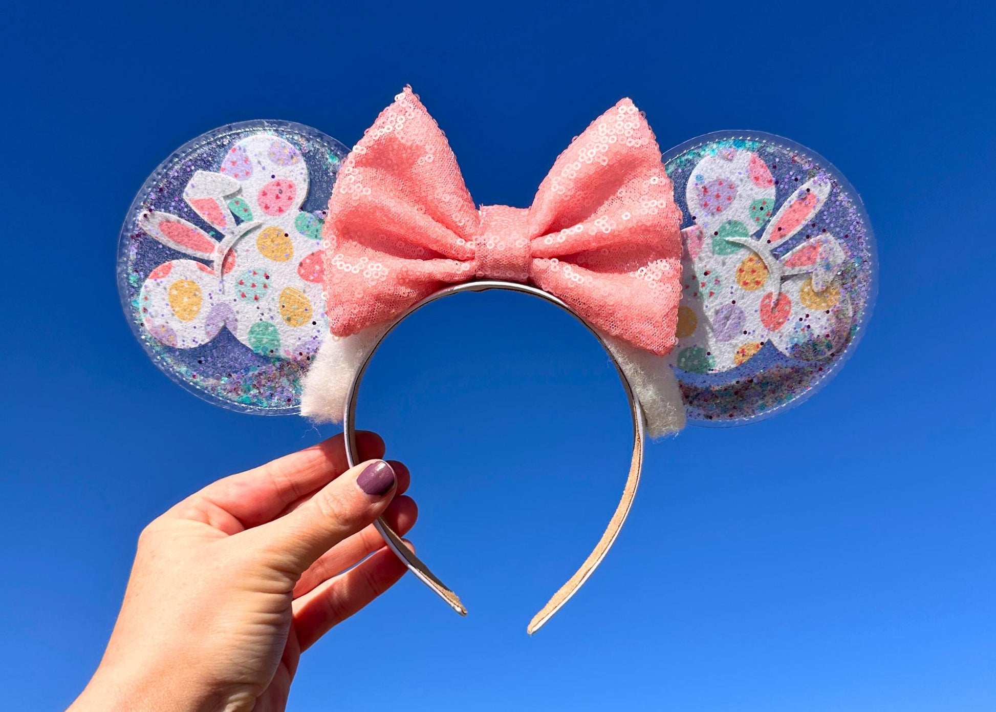 Mickey Head Bunny Ears Easter Disney Headband, Spring Pastel Minnie Ears, Sequin Bow, Glitter Bubble Disneyland Ear, DisneyWorld Accessories