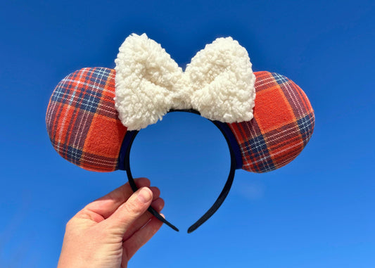 Orange Blue Plaid Fall Mickey Ears with Sherpa Bow