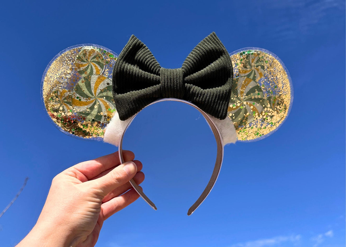 Green Gold Mickey Head Disney Mouse Ears Headband, Hunter Green Corduroy Bow, Glitter Shaker Spring Minnie Ears, Animal Kingdom, St Patricks