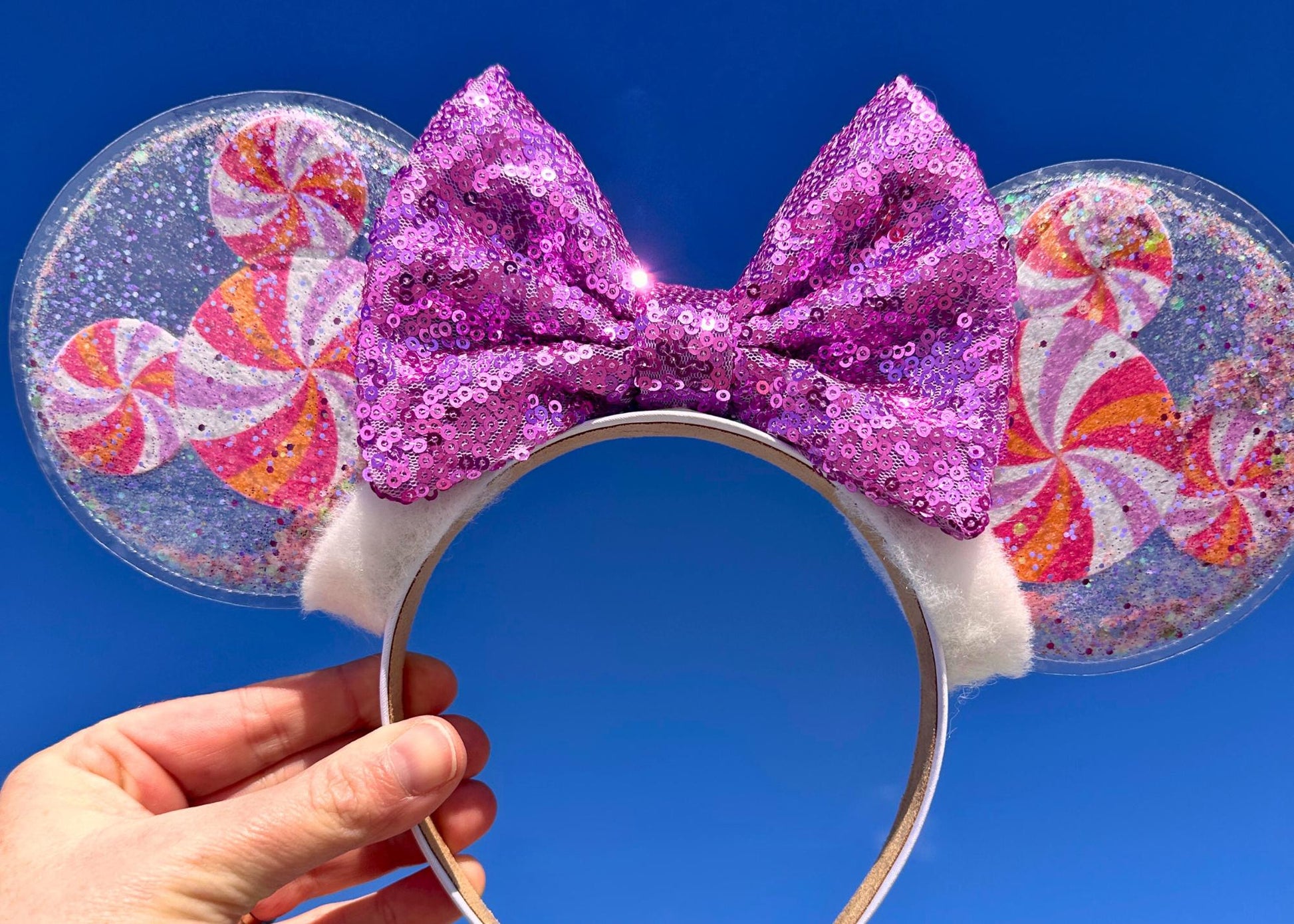 Lavender Purple Mickey Heads Preppy Disney Ears, Spring Summer Pink Glitter Shaker Minnie Ears, Sequin Bow, Disneyland Easter Mouse Headband