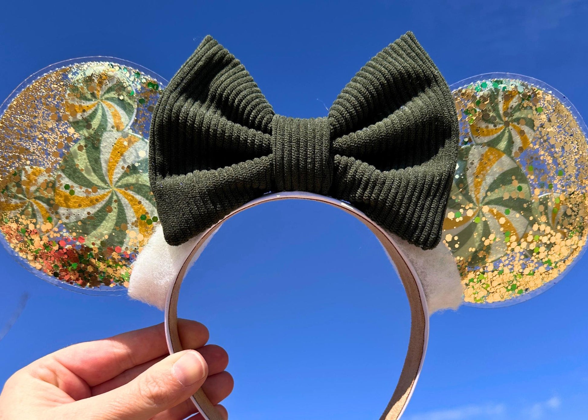 Green Gold Mickey Head Disney Mouse Ears Headband, Hunter Green Corduroy Bow, Glitter Shaker Spring Minnie Ears, Animal Kingdom, St Patricks