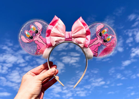 Angel Stitch inspired Pink Alien Disney Mickey Ears, Lilo Minnie Ears, Disneyland Mouse Ears Headband, Clear Glitter, Epcot, Animal Kingdom