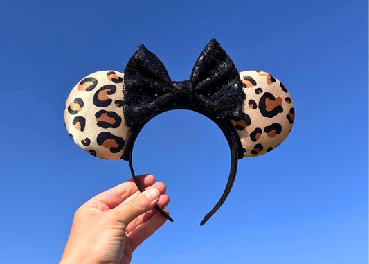 Neutral Leopard Print Animal Kingdom Disney Ears, Cheetah Mickey Safari Ears with Handmade Sequin Bow, Black Tan Animal Print, Lion King