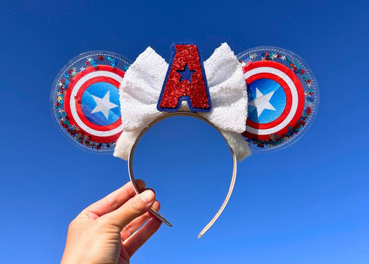 Marvel Avengers Captain America inspired Disney Mouse Ears Headband, Glitter Shaker Minnie Ears with Handmade Sequin Bow, Winter Soldier DCA