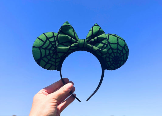 Green and Black Spooky Spider Web Disney Halloween Mouse Ears Headband, Handmade Mickey Ears, Glitter Ears, Not So Scary Costume Accessory