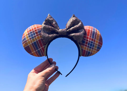 Fall Plaid Mouse Ears Headband, Autumn Disney Ears with Sequin Bow, Handmade Mickey Minnie Ear for Disney Vacation, Halloween & Thanksgiving