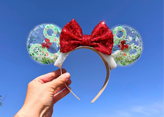 Christmas Wreath Mickey Ears - Holiday Snow Globe Mouse Ears with Red Sequin Bow, Handmade Glitter Disney Park Ears for Christmas Vacation