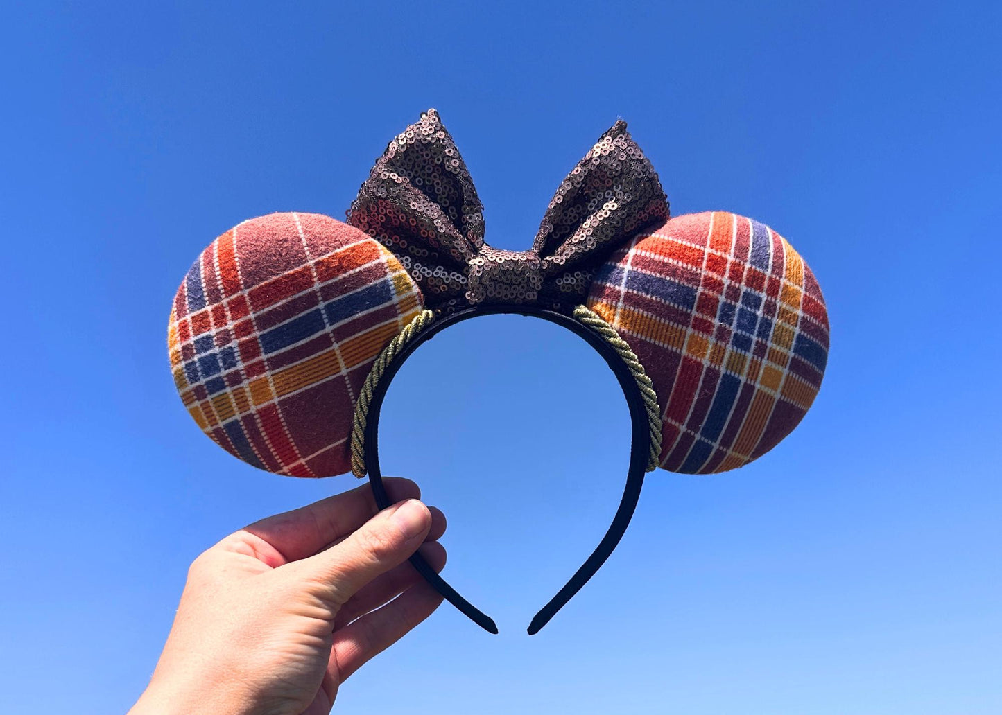 Fall Plaid Mouse Ears Headband, Autumn Disney Ears with Sequin Bow, Handmade Mickey Minnie Ear for Disney Vacation, Halloween & Thanksgiving