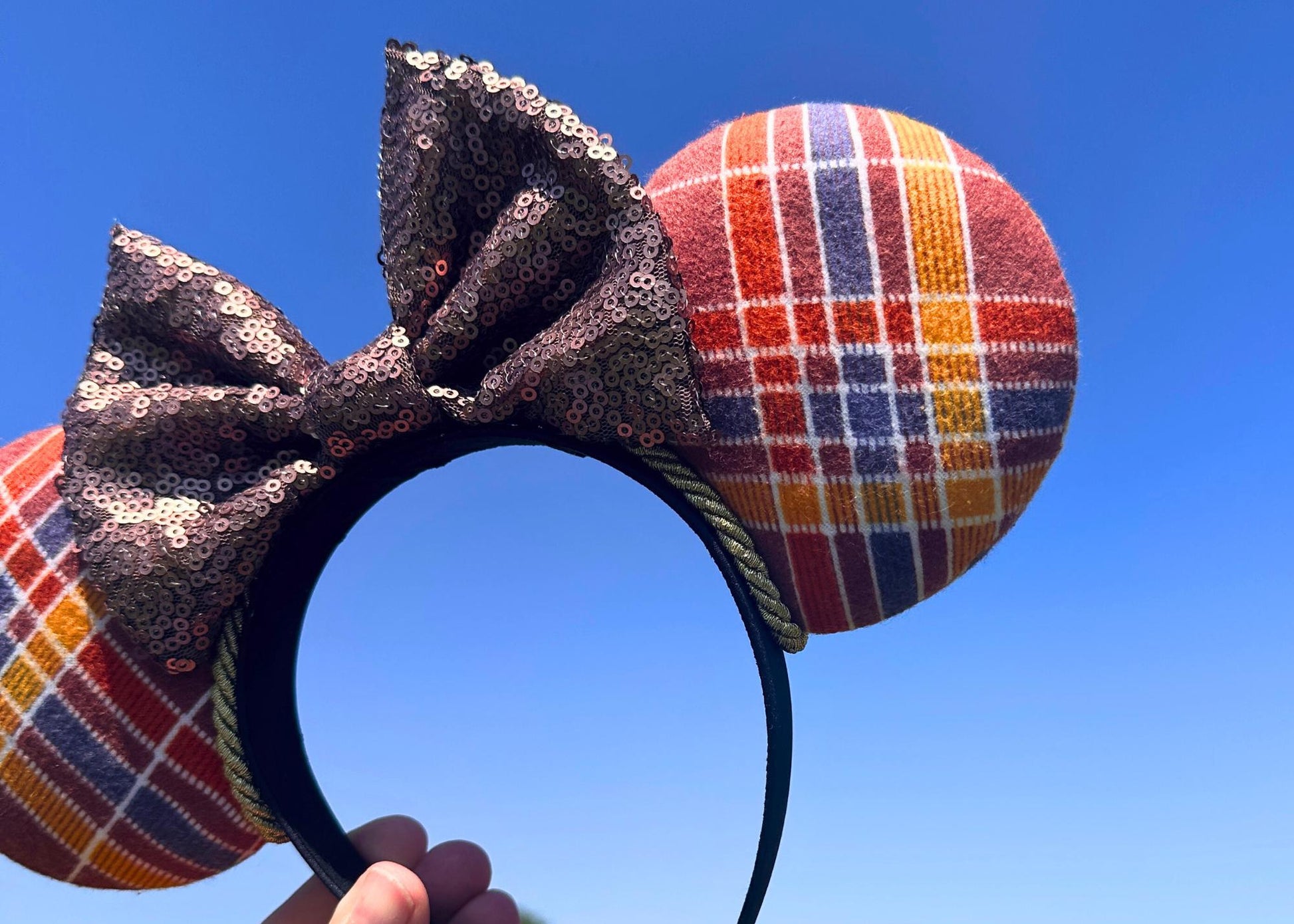 Fall Plaid Mouse Ears Headband, Autumn Disney Ears with Sequin Bow, Handmade Mickey Minnie Ear for Disney Vacation, Halloween & Thanksgiving