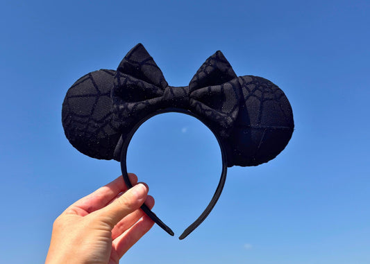 Black Spooky Spider Web Disney Halloween Mouse Ears Headband, Handmade Minnie Ears, Black Glitter Ear, Not So Scary Costume Accessory