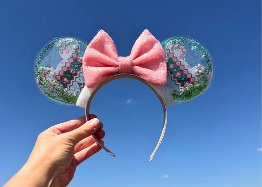 Christmas Sweater Disney Mickey Head Mouse Ears Headband, Pink Bow Festive Minnie Ears, Glitter Holiday Headband, Sequin Bow Headband