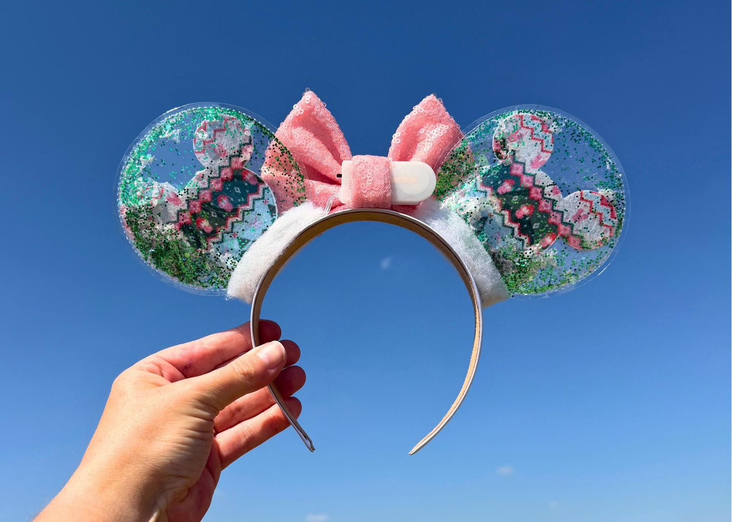 Christmas Sweater Disney Mickey Head Mouse Ears Headband, Pink Bow Festive Minnie Ears, Glitter Holiday Headband, Sequin Bow Headband