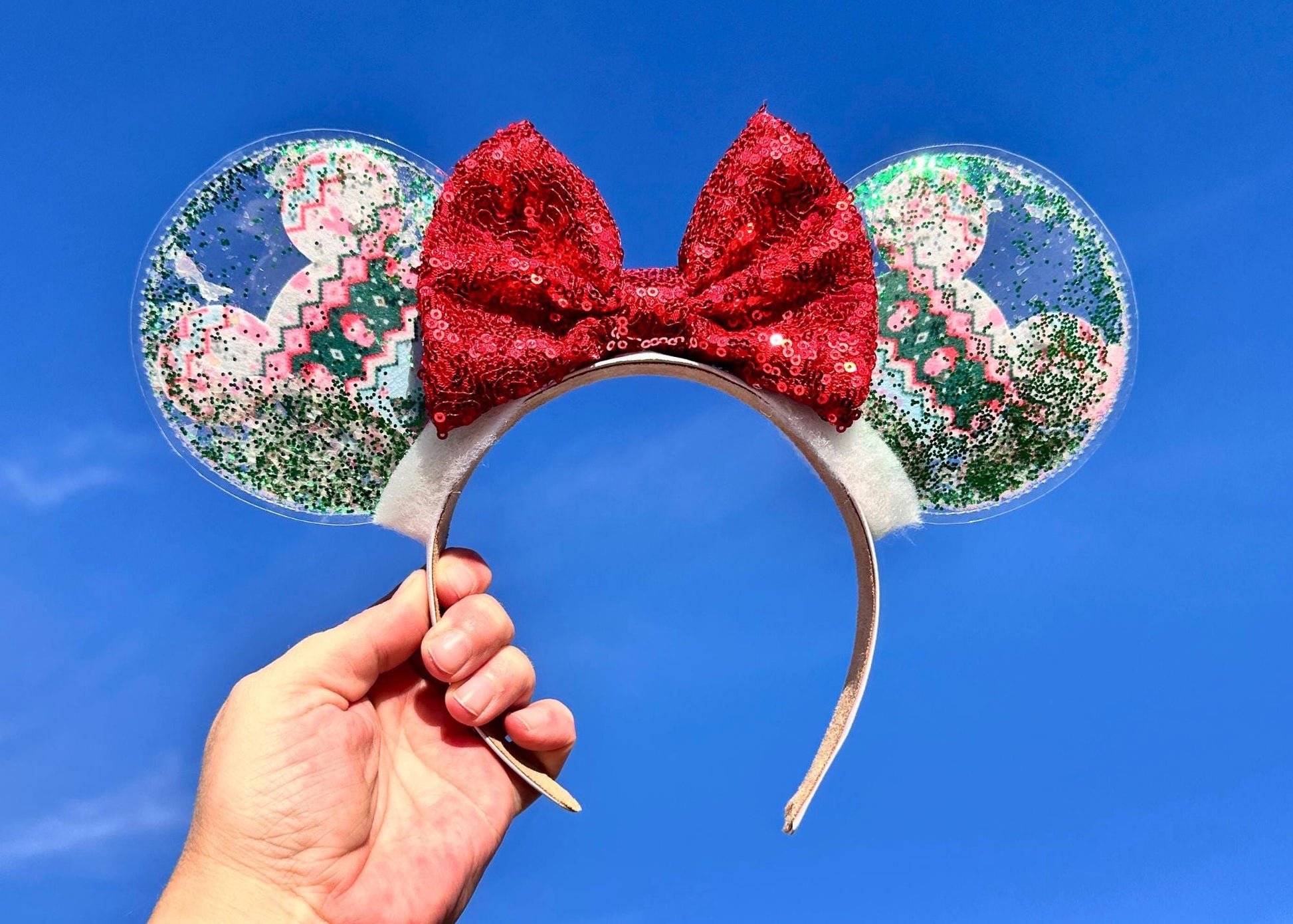Christmas Sweater Disney Mickey Head Mouse Ears Headband, Pink Bow Festive Minnie Ears, Glitter Holiday Headband, Sequin Bow Headband