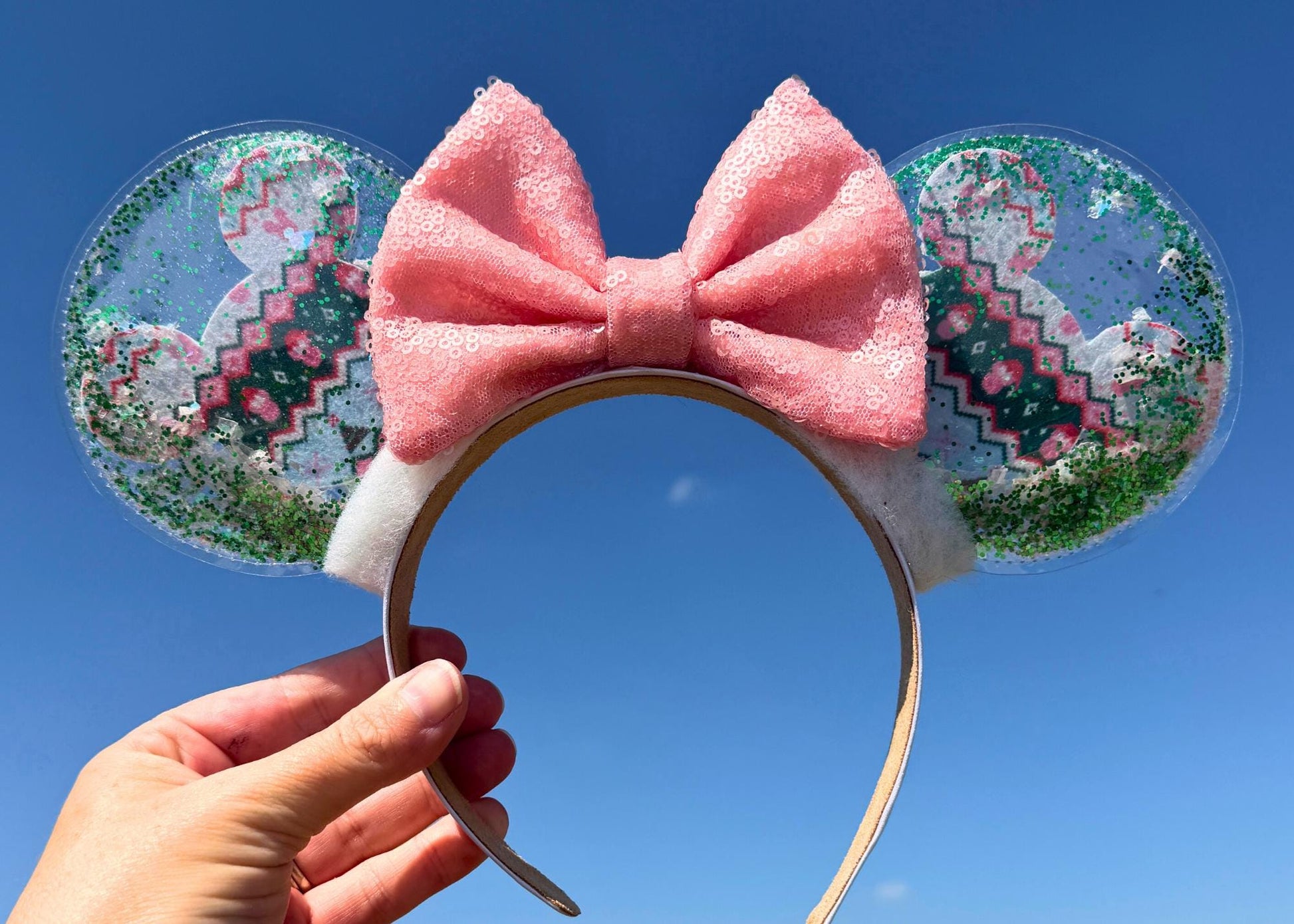 Christmas Sweater Disney Mickey Head Mouse Ears Headband, Pink Bow Festive Minnie Ears, Glitter Holiday Headband, Sequin Bow Headband