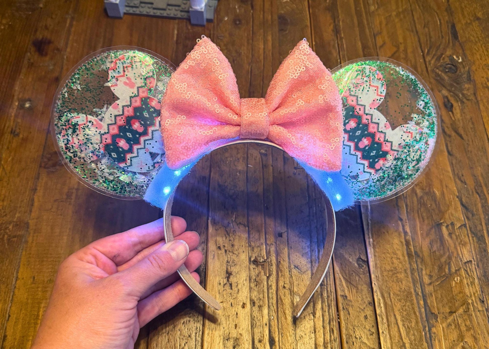 Christmas Sweater Disney Mickey Head Mouse Ears Headband, Pink Bow Festive Minnie Ears, Glitter Holiday Headband, Sequin Bow Headband