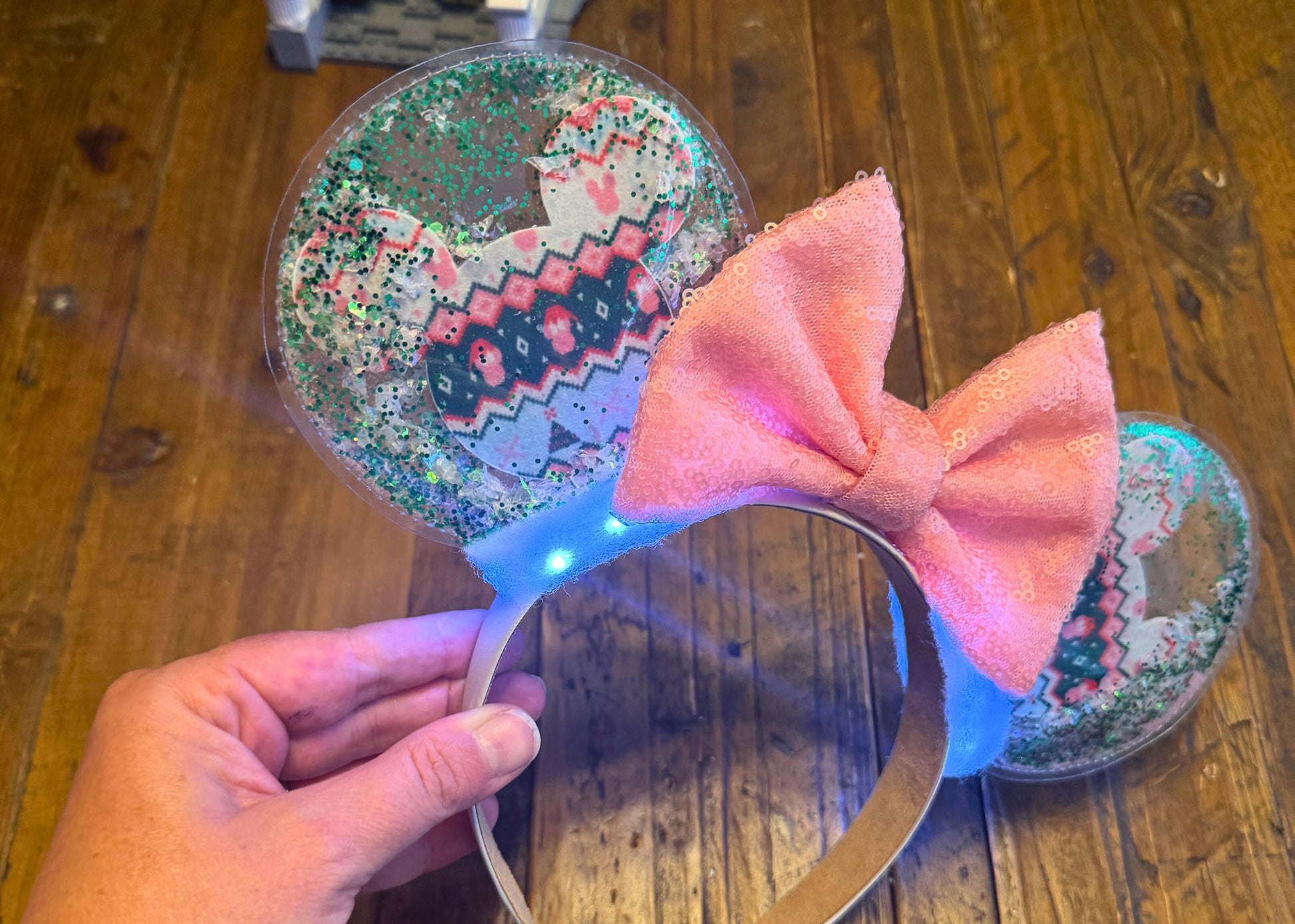 Christmas Sweater Disney Mickey Head Mouse Ears Headband, Pink Bow Festive Minnie Ears, Glitter Holiday Headband, Sequin Bow Headband