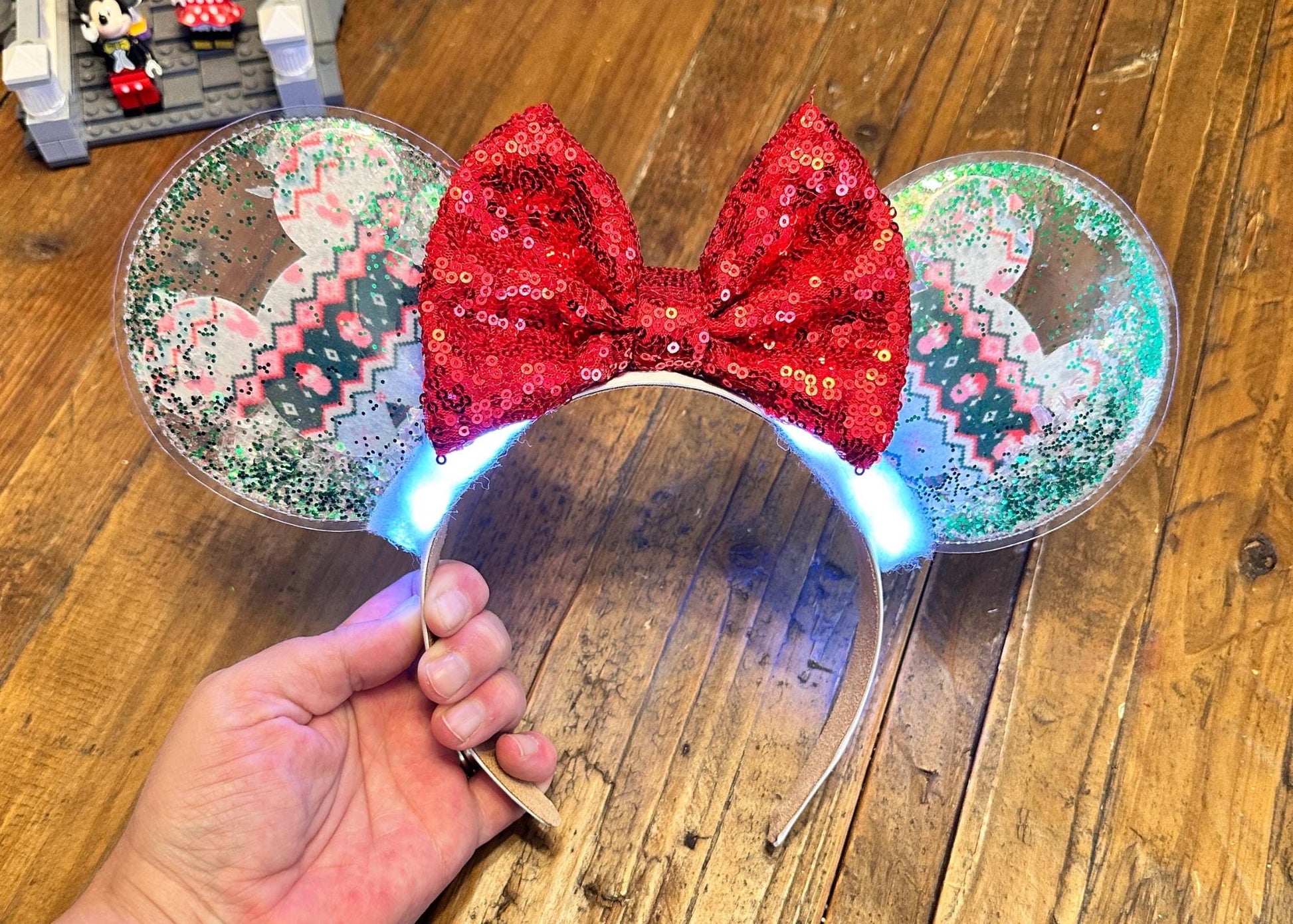 Christmas Sweater Disney Mickey Head Mouse Ears Headband, Pink Bow Festive Minnie Ears, Glitter Holiday Headband, Sequin Bow Headband