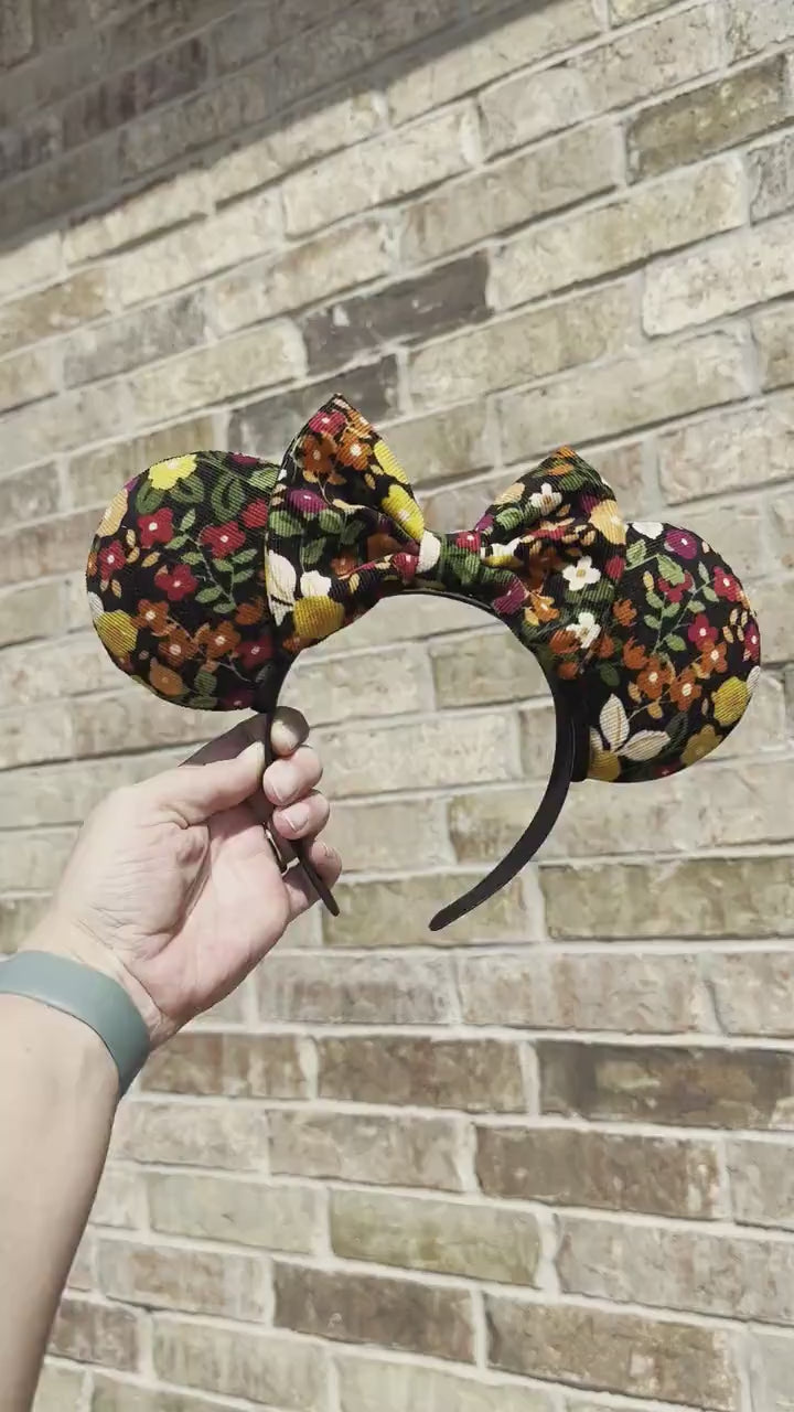 Black Fall Floral Corduroy Disney Ears Headband, Autumn Harvest Mickey Ears, Thanksgiving Minnie Mouse Ears