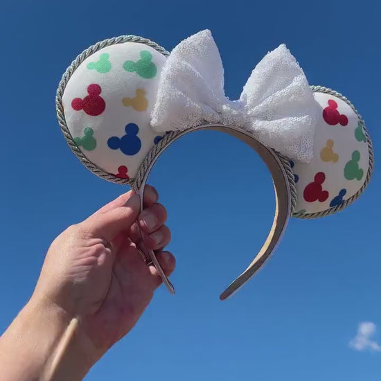 Spring Colorful Mickey Head Disney Ears with White Sequin Bow - Perfect Handmade Accessory for your Disney Vacation