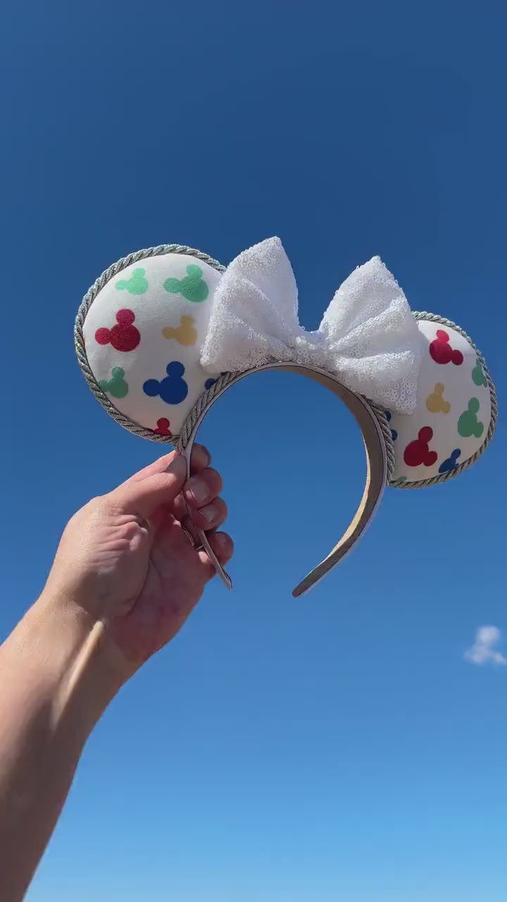 Spring Colorful Mickey Head Disney Ears with White Sequin Bow - Perfect Handmade Accessory for your Disney Vacation