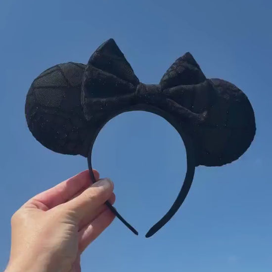 Black Spooky Spider Web Disney Halloween Mouse Ears Headband, Handmade Minnie Ears, Black Glitter Ear, Not So Scary Costume Accessory