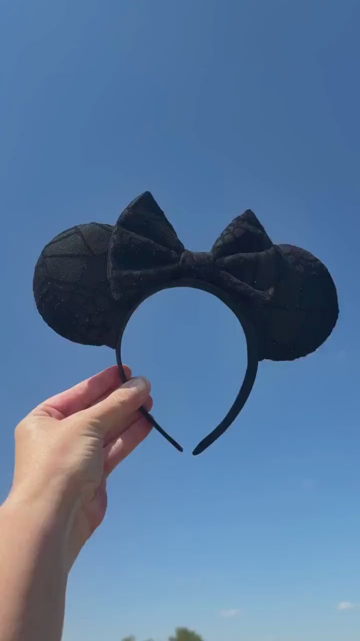 Black Spooky Spider Web Disney Halloween Mouse Ears Headband, Handmade Minnie Ears, Black Glitter Ear, Not So Scary Costume Accessory