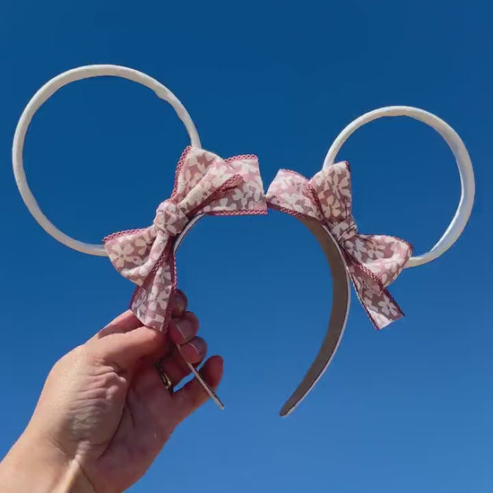 Pink White Floral Wire Disney Mouse Ears, Faux Leather Mickey Ears, Flower and Garden Festival Epcot Ears, Disneyland Headband, Unique Cute