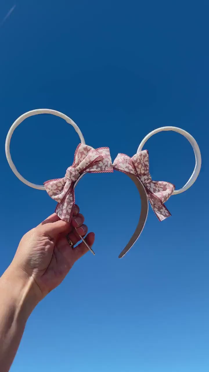 Pink White Floral Wire Disney Mouse Ears, Faux Leather Mickey Ears, Flower and Garden Festival Epcot Ears, Disneyland Headband, Unique Cute