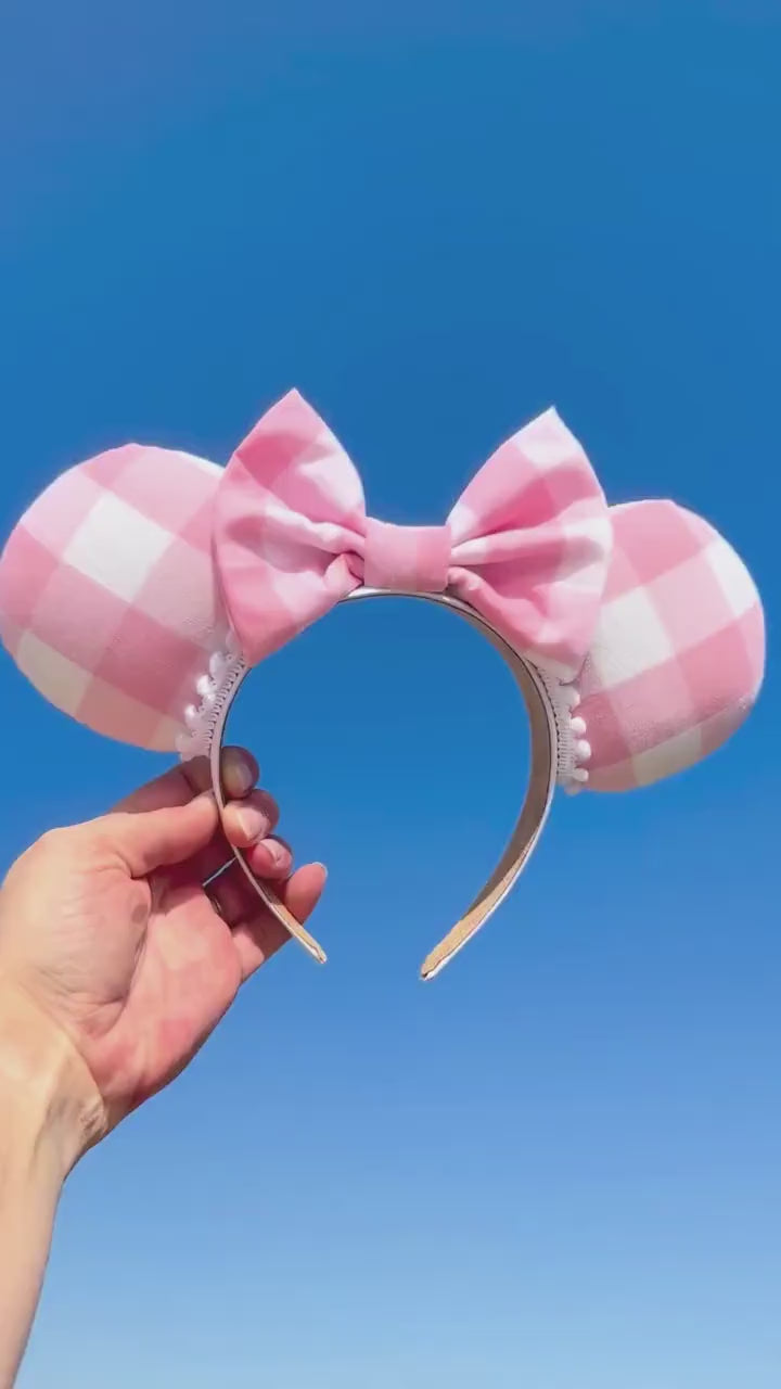 Pink Plaid Disney Ears, Barbie Pastel Gingham Mickey Ears, Spring Minnie Ears, Summer Disneyland Bound, Unique Handmade Gifts for Her,