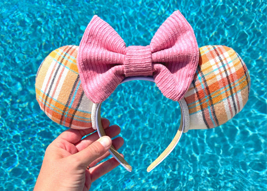 Fall Plaid Disney Ears Headband | Pink Corduroy Halloween Mickey Mouse Ears | Thanksgiving Minnie Ears | Disney Birthday Gifts for Her