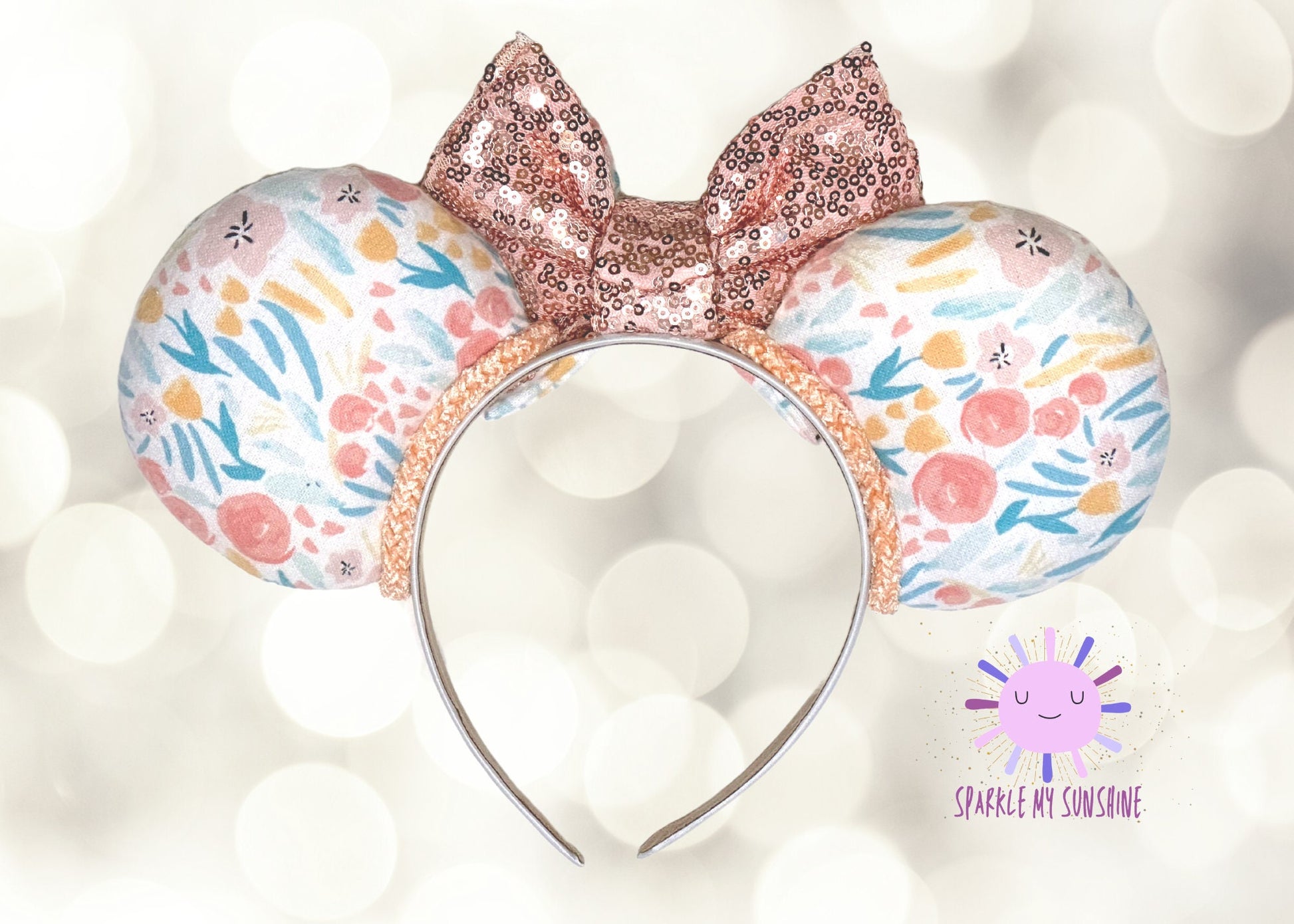 Pink Floral Spring Disney Ears Headband  | Rose Gold Sequin Bow Disney Ears | Flower and Garden Epcot Ears | Minnie Ears | Disneyworld