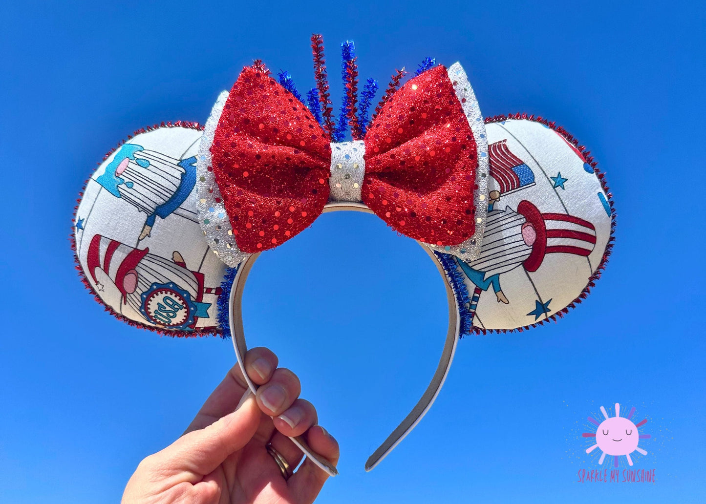4th of July Gnome Disney Ears, American Flag Handmade Mickey Mouse Ears, Patriotic Disneyland Bound Minnie Ears, Unique Gifts for Her