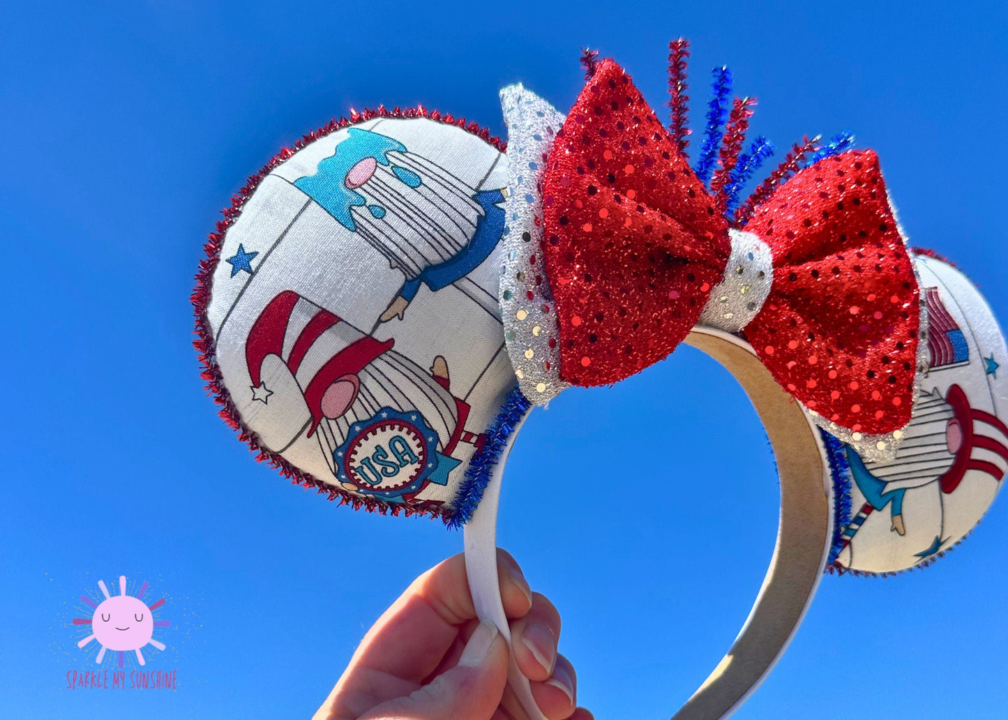 4th of July Gnome Disney Ears, American Flag Handmade Mickey Mouse Ears, Patriotic Disneyland Bound Minnie Ears, Unique Gifts for Her