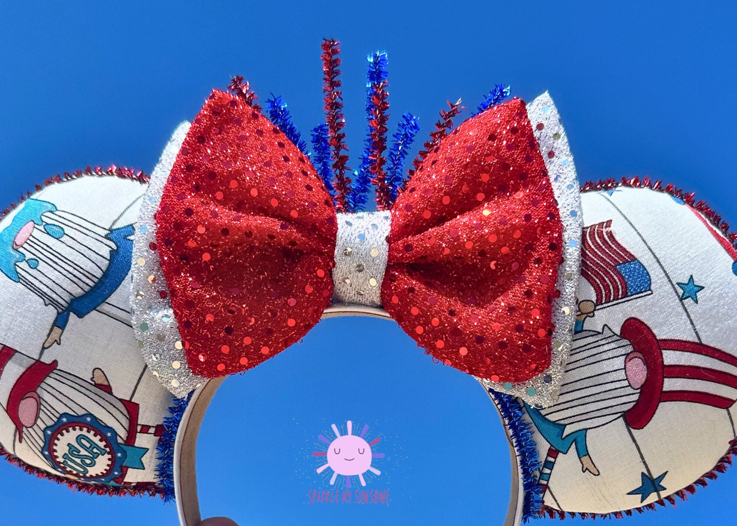 4th of July Gnome Disney Ears, American Flag Handmade Mickey Mouse Ears, Patriotic Disneyland Bound Minnie Ears, Unique Gifts for Her