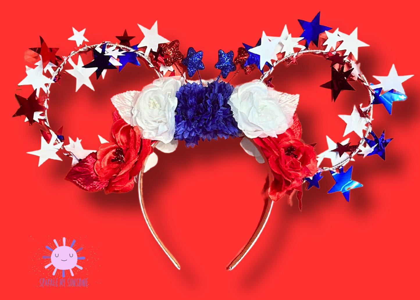 4th of July Disney World Ears, Patriotic Floral Wire Mickey Ears, Red White Blue Minnie Ears, Star Glitter Mouse Ears, Independence Day Ears