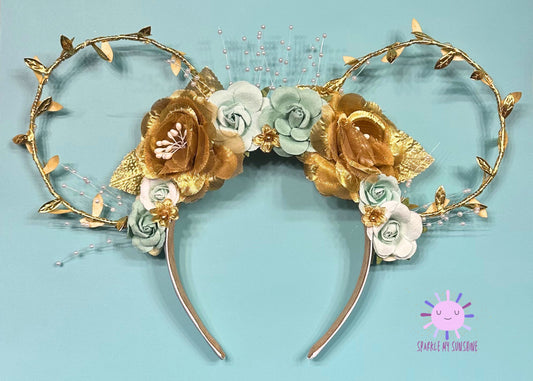 Princess Tiana Disney Ears, Princess and the Frog Mickey Mouse Ears, Floral Wire Minnie Ears, Teal Gold Pearl Headband, Disneyland Ears