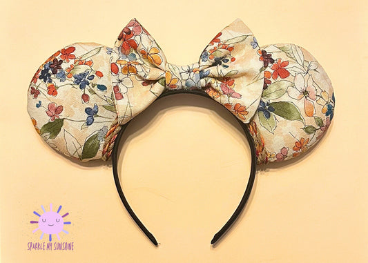 Fall Floral Disney Ears, Tan Brown Mickey Mouse Ears Headband, Flower and Garden Minnie Ears, DisneyLand Thanksgiving Ears, Autumn Harvest