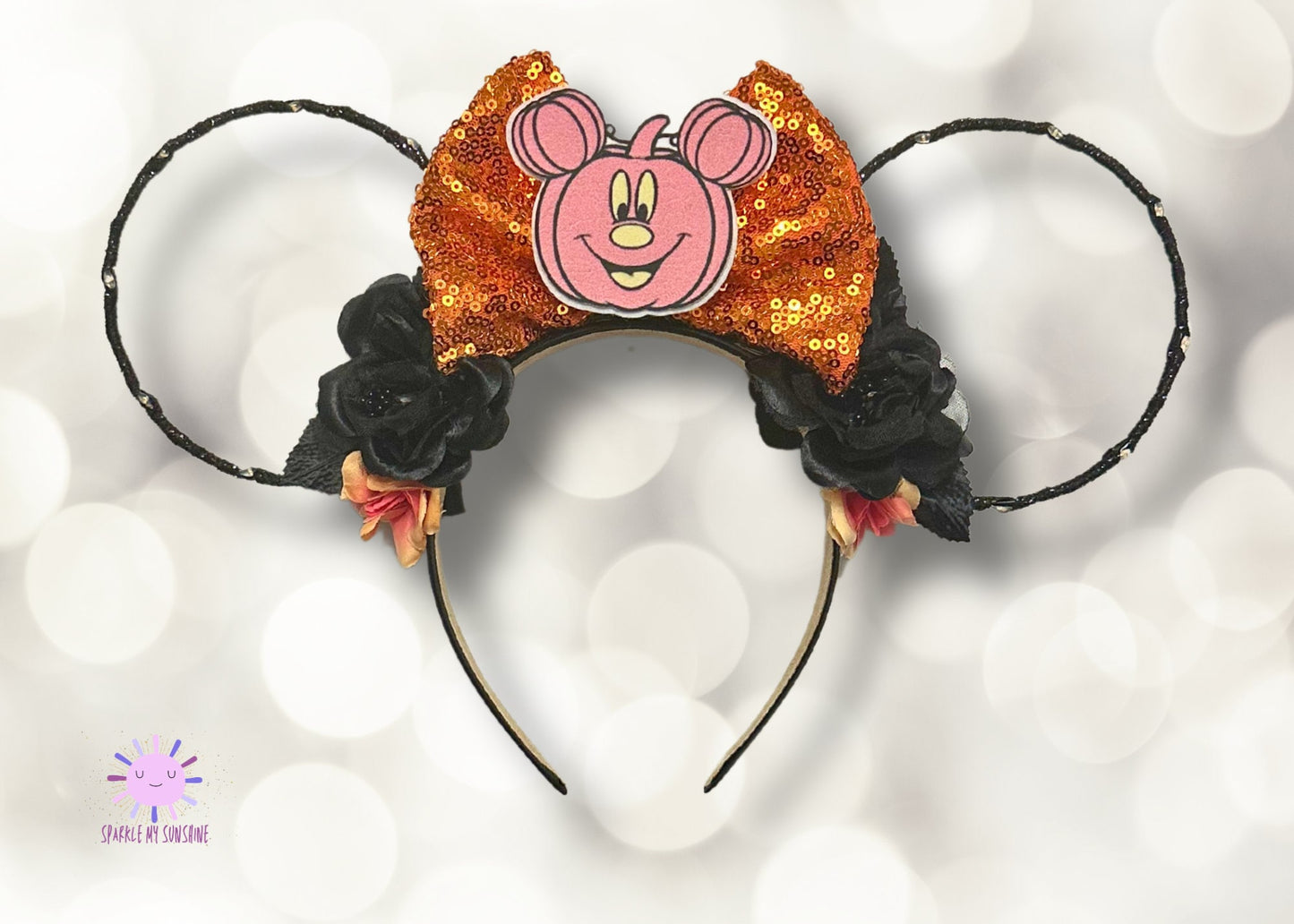 Pink Black Mickey Pumpkin Halloween Disney Ears, Floral Wire Minnie Ears, Fall Mouse Ears, Disneyland Headband, Not So Scary Party, Unique