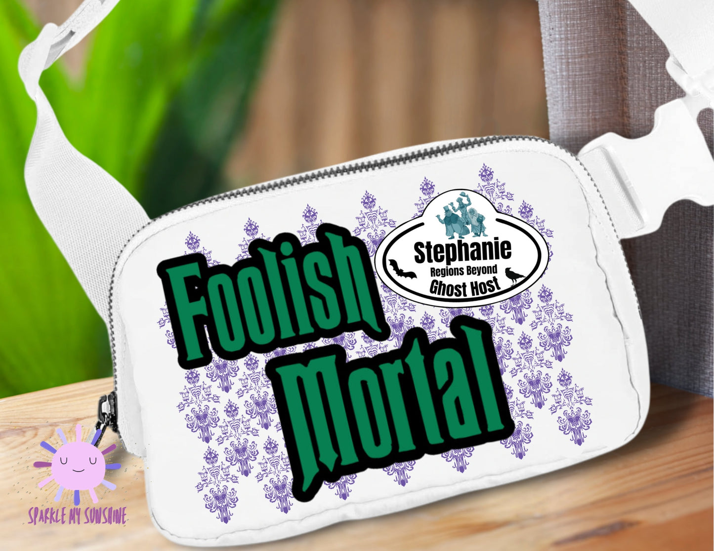 Haunted Mansion inspired Custom Disney Fanny Pack, Foolish Mortals Crossbody Sling Bag, Name Tag Belt Bag, Hip Bag, Halloween Purse, Gifts