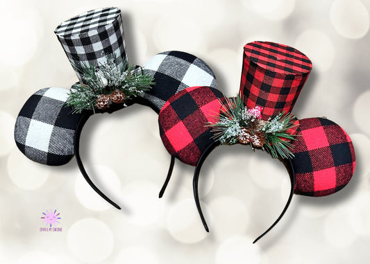 Buffalo Plaid Top Hat Disney Christmas Ears Headband, Family Group Custom Holiday Minnie Ears, Couples Mouse Ears, No Bow Mickey Ears