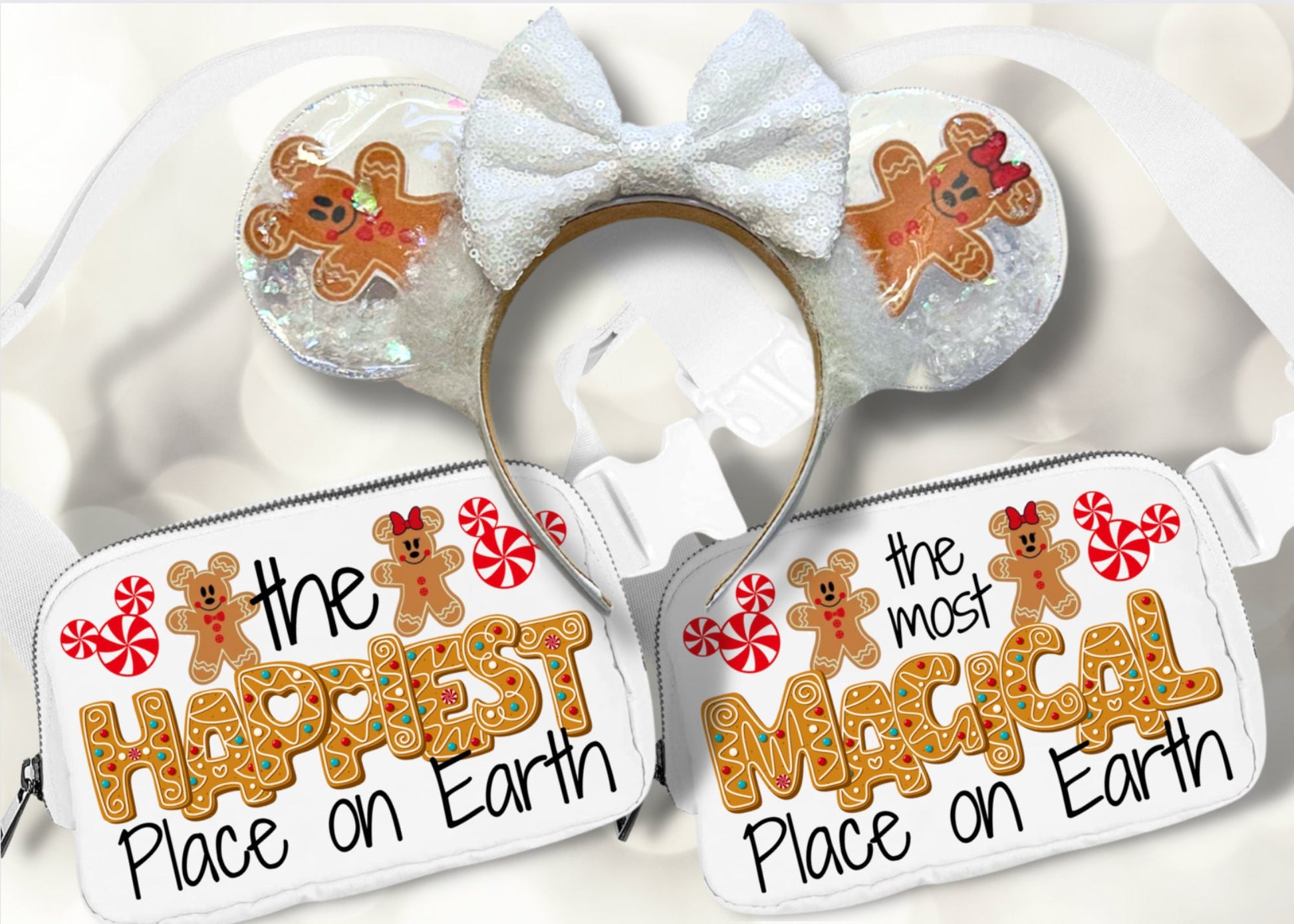 Holiday Gingerbread Mickey and Minnie Disney Christmas Ears Headband and Disney Fanny Pack Custom Bundle