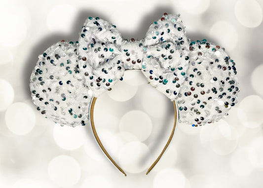 White Velvet Sequin Disney Ears Headband | White Glitter Disneyworld Mickey Mouse Ears | Sequin Disneyland Minnie Ear | Birthday Celebration