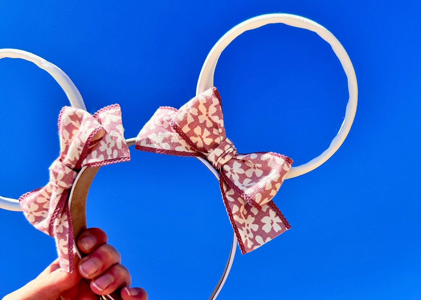 Pink White Floral Wire Disney Mouse Ears, Faux Leather Mickey Ears, Flower and Garden Festival Epcot Ears, Disneyland Headband, Unique Cute