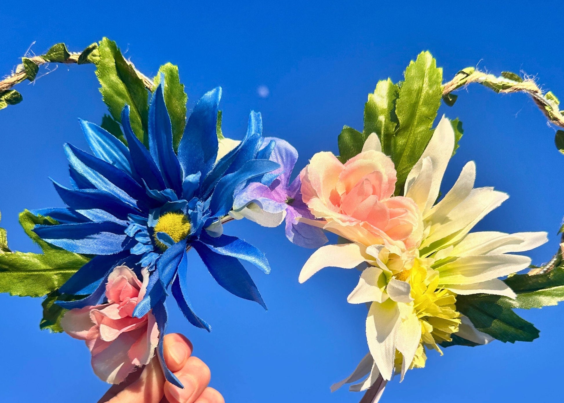 Handcrafted Blue White Floral Wire Disney Ears Spring Headband