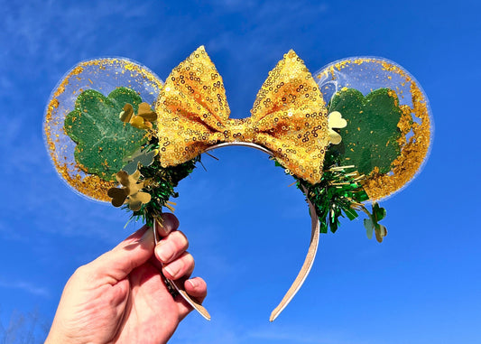 St Patrick's Day Disney Ears, Green Gold Glitter Mickey Ears, Irish Shamrock Minnie Ears, Disneyland Headband, Saint Patty's Day, Sequin Bow