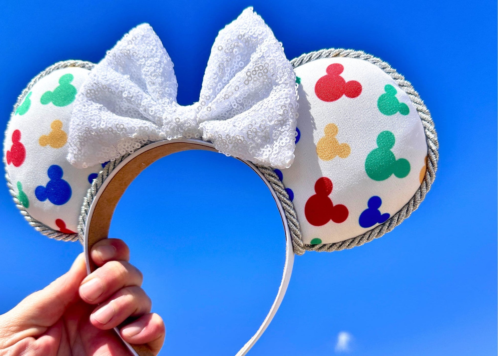 Spring Colorful Mickey Head Disney Ears with White Sequin Bow - Perfect Handmade Accessory for your Disney Vacation